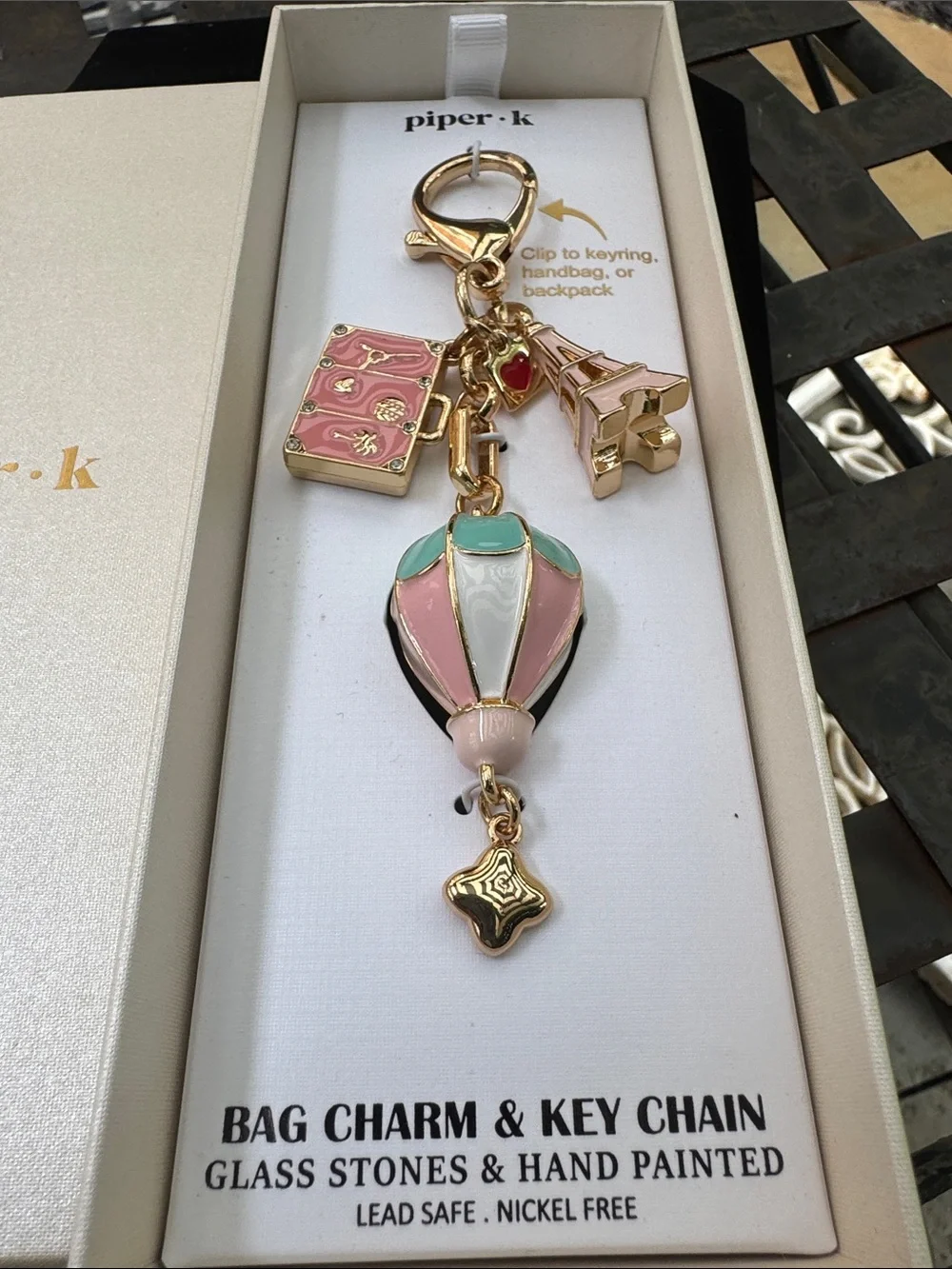 Keychain  Piper Pink & Mint Enamel Hot Air Balloon Keychain with Gold Hardwar